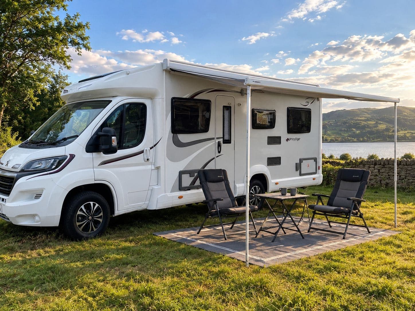The six-berth Elddis motorhome parked on grass with its awning out, two camping chairs and a table set up beside it
