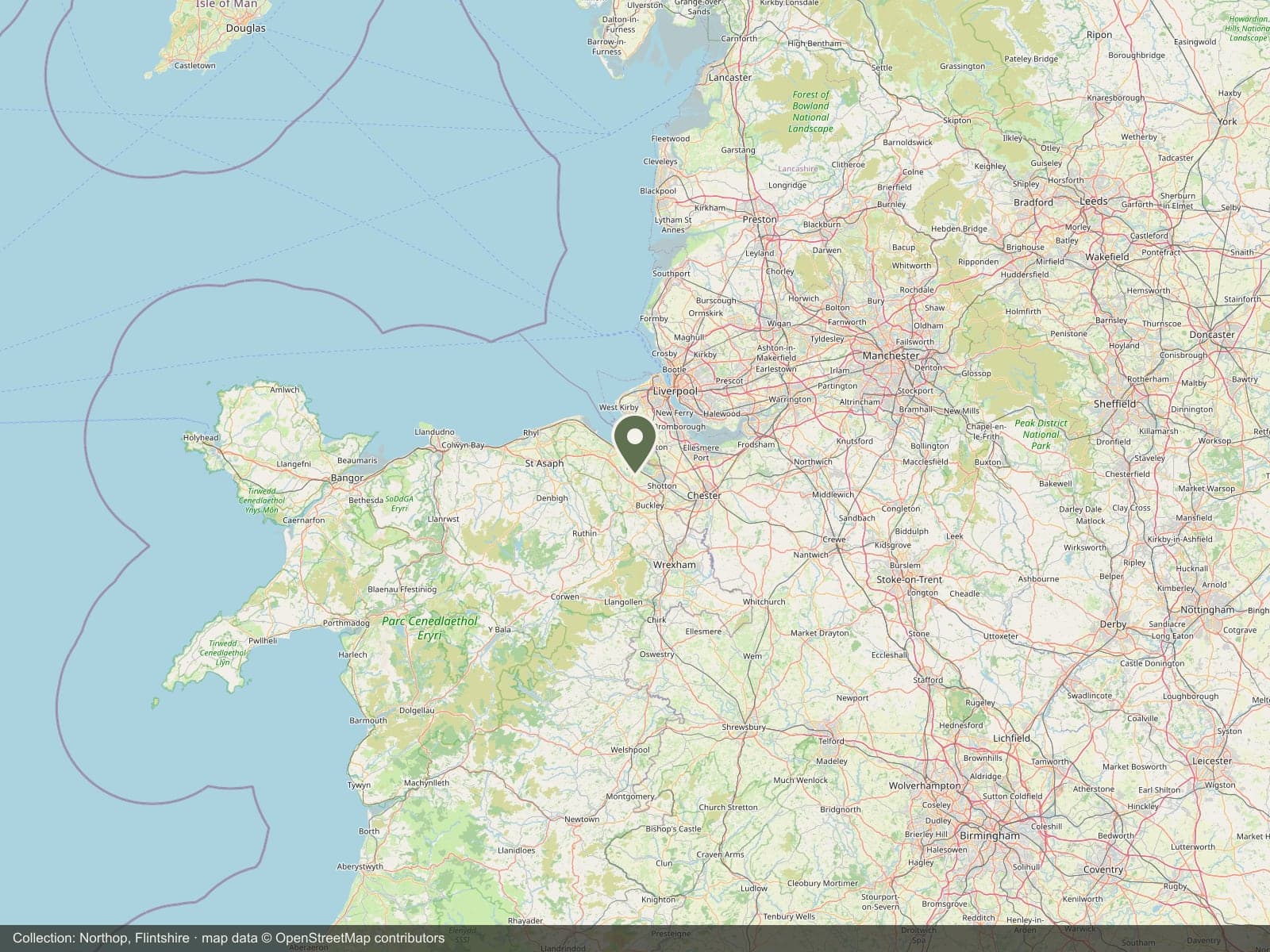 Map of North Wales and the North West with the collection point at Northop, Flintshire marked